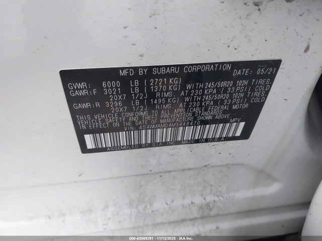 Aukcja sprzedaży 2021 Subaru Ascent Limited, vin: 4S4WMAMD4M3448470, numer aukcji: 43569291