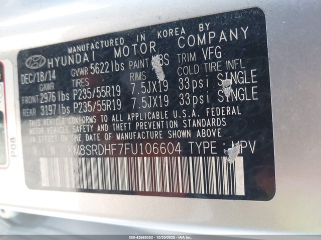 Продаж на аукціоні авто 2015 Hyundai Santa Fe Gls, vin: KM8SRDHF7FU106604, номер лоту: 43569352