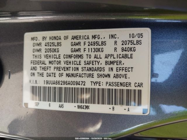 2006 ACURA TL 19UUA66296A009472 Photo 8