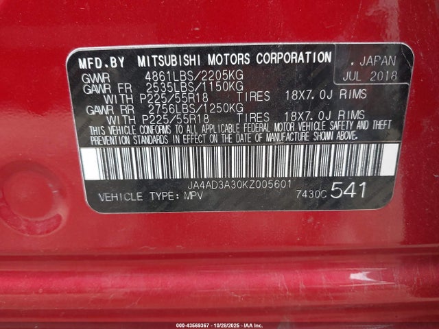 2019 MITSUBISHI OUTLANDER JA4AD3A30KZ005601 Photo 8