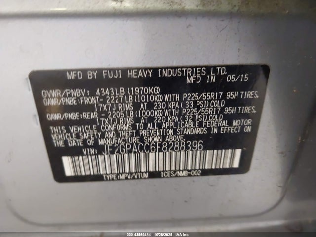 43569484 :رقم المزاد ، JF2GPACC6F8288396 vin ، 2015 Subaru Xv Crosstrek 2.0i Premium مزاد بيع