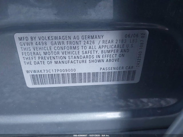 Aukcja sprzedaży 2007 Volkswagen Passat 2.0t/wolfsburg Edition, vin: WVWAK73C17P009000, numer aukcji: 43569507