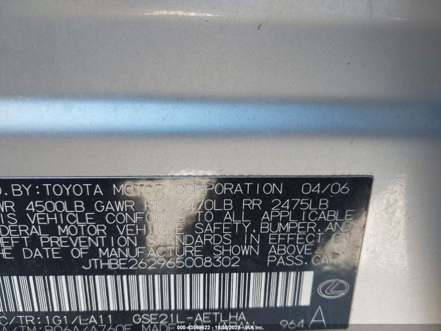 Auction sale of the 2006 Lexus Is 350, vin: JTHBE262965008302, lot number: 43569622