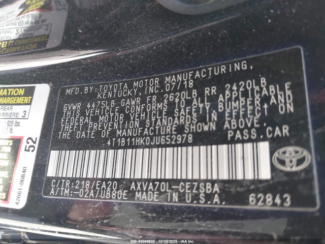 4T1B11HK0JU652978 Toyota CAMRY SE