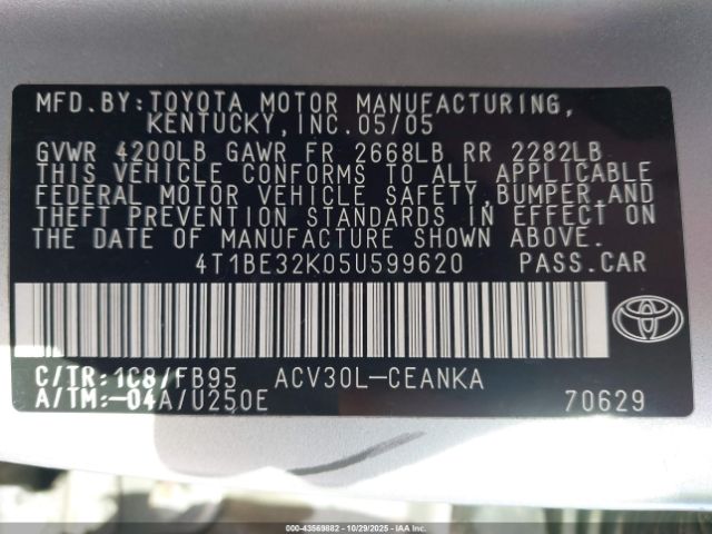 2005 TOYOTA CAMRY 4T1BE32K05U599620 Photo 8