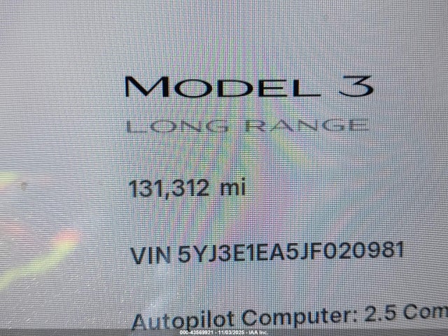 5YJ3E1EA5JF020981 Tesla Model 3 Long Range/mid Range