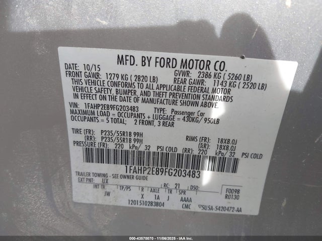 Ford TAURUS SEL 2015 1FAHP2E89FG203483 Image 9