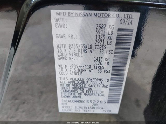 43570440 :رقم المزاد ، 5N1AL0MM0EC552785 vin ، 2014 Infiniti Qx60 مزاد بيع