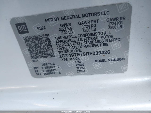 43570447 :رقم المزاد ، 1GT49TE79RF239426 vin ، 2024 Gmc Sierra 3500hd مزاد بيع