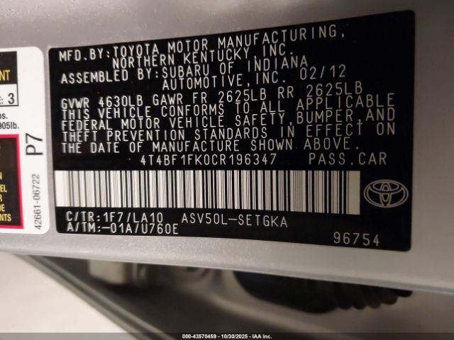 2012 TOYOTA CAMRY 4T4BF1FK0CR196347 Photo 8