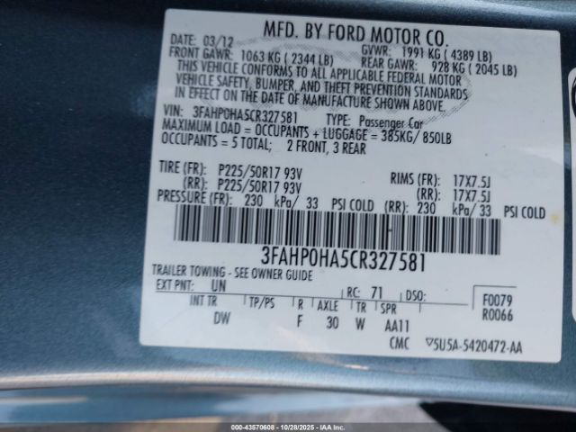 2012 FORD FUSION 3FAHP0HA5CR327581 Photo 8