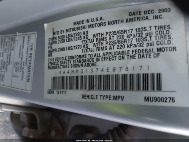 2004 MITSUBISHI ENDEAVOR 4A4MM31S74E078171 Photo 8