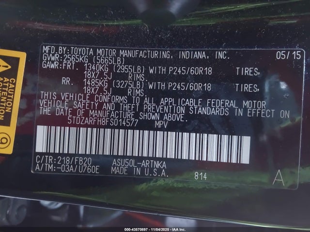 Toyota Highlander Le 2015 5TDZARFH8FS014577 Image 9