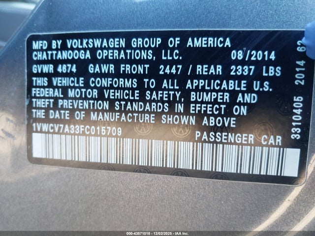 2015 Volkswagen Passat 2.0l Tdi Sel Premium მანქანა იყიდება აუქციონზე, vin: 1VWCV7A33FC015709, აუქციონის ნომერი: 43571018