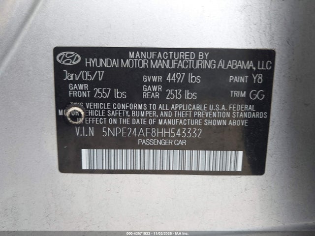 5NPE24AF8HH543332 Hyundai Sonata