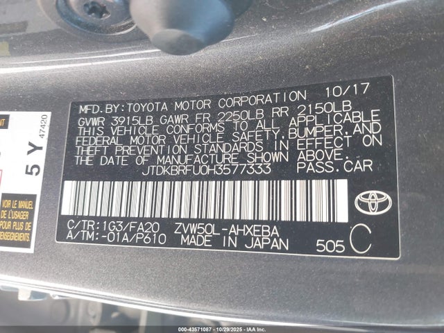 JTDKBRFU0H3577333 Toyota 2zr-fxe,1nm