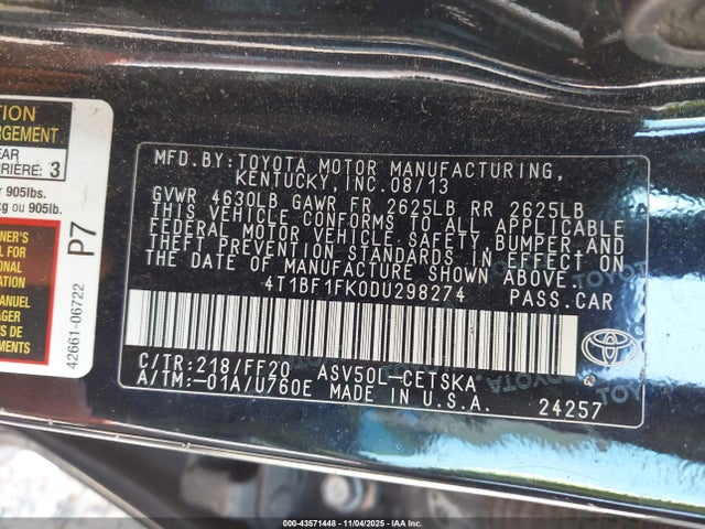 2013 Toyota Camry Se მანქანა იყიდება აუქციონზე, vin: 4T1BF1FK0DU298274, აუქციონის ნომერი: 43571448