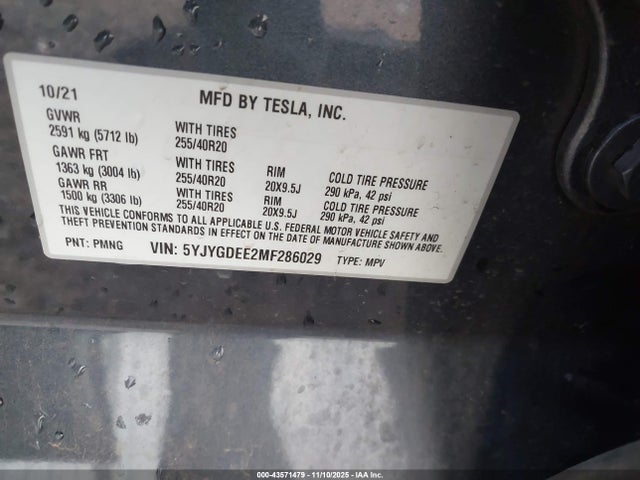 2021 Tesla Model Y Long Range Dual Motor All-wheel Drive მანქანა იყიდება აუქციონზე, vin: 5YJYGDEE2MF286029, აუქციონის ნომერი: 43571479