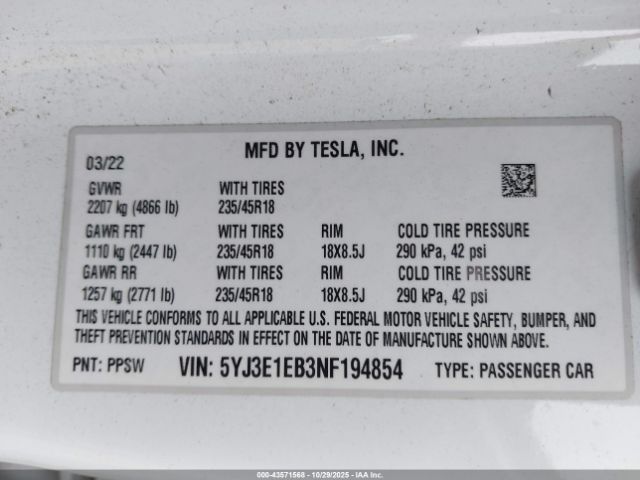 2022 TESLA MODEL 3 5YJ3E1EB3NF194854 Photo 8