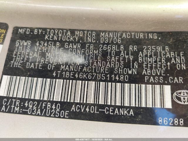 2007 TOYOTA CAMRY 4T1BE46K67U511480 Photo 8