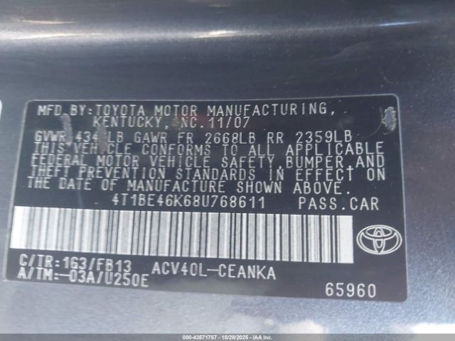 2008 TOYOTA CAMRY 4T1BE46K68U768611 Photo 8