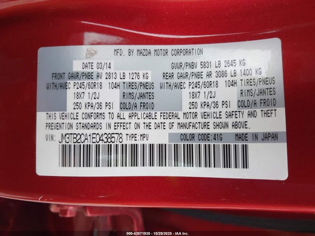 Продаж на аукціоні авто 2014 Mazda Cx-9 Touring, vin: JM3TB2CA1E0438578, номер лоту: 43571930