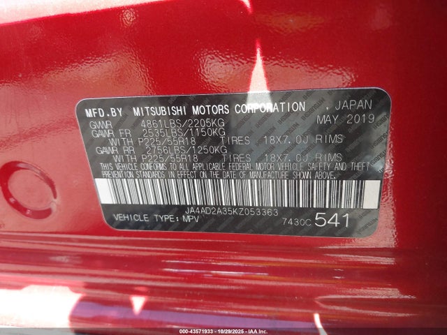 2019 MITSUBISHI OUTLANDER JA4AD2A35KZ053363 Photo 8