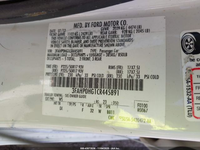 2012 FORD FUSION 3FAHP0HG1CR445891 Photo 8