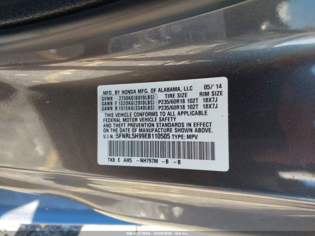 2014 HONDA ODYSSEY 5FNRL5H99EB110505 Photo 8