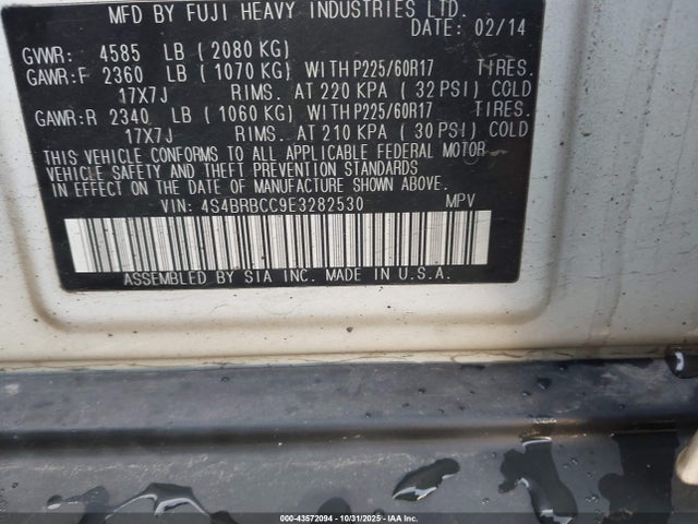 Продаж на аукціоні авто 2014 Subaru Outback 2.5i Premium, vin: 4S4BRBCC9E3282530, номер лоту: 43572094