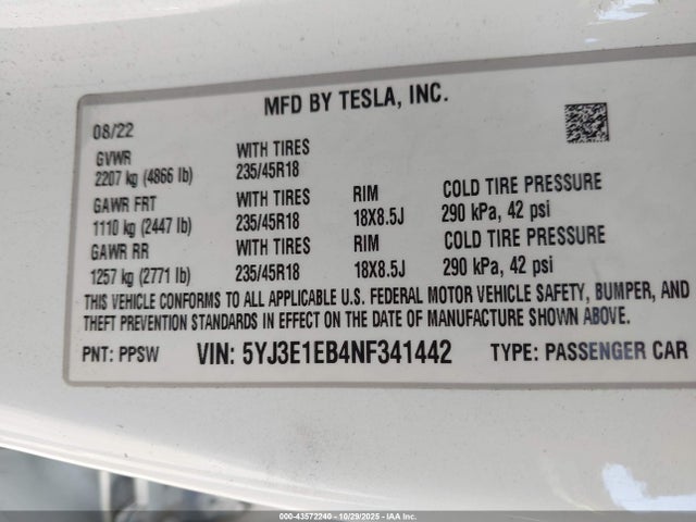2022 TESLA MODEL 3 5YJ3E1EB4NF341442 Photo 8