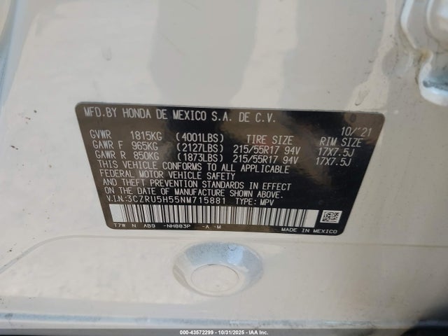 3CZRU5H55NM715881 Honda Hr-v 2wd Ex