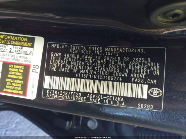 2012 TOYOTA CAMRY 4T1BF1FK1CU186274 Photo 8