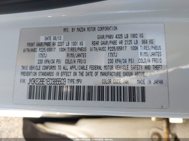 43572336 :رقم المزاد ، JM3KE2BE1E0385503 vin ، 2014 Mazda Cx-5 Sport مزاد بيع