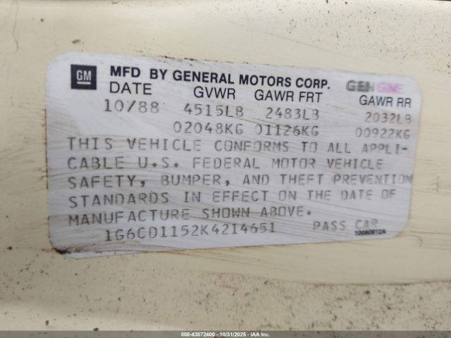 1989 CADILLAC DEVILLE 1G6CD1152K4214651 Photo 8