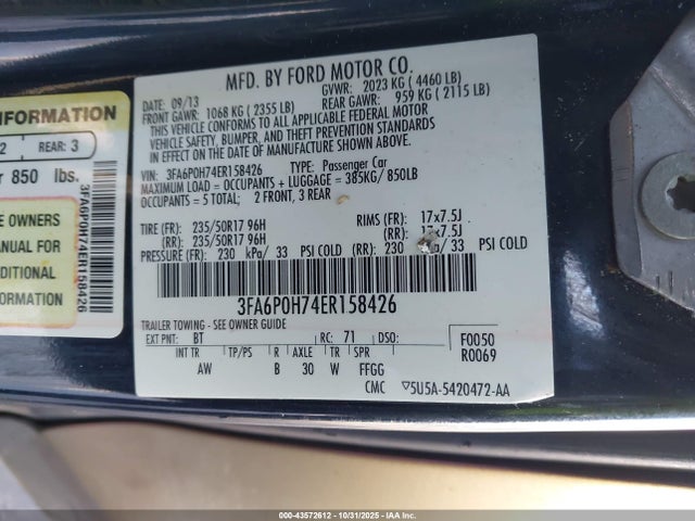 Ford FUSION SE 2014 3FA6P0H74ER158426 Image 9