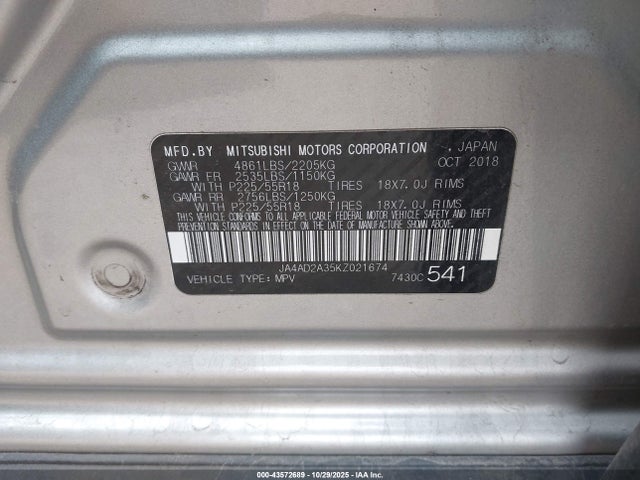 2019 MITSUBISHI OUTLANDER JA4AD2A35KZ021674 Photo 8