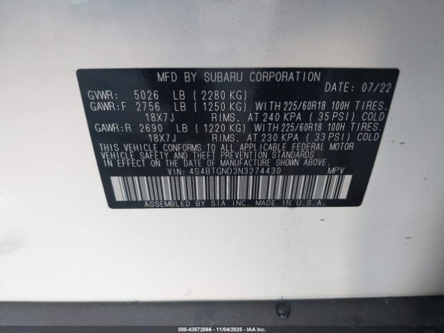 2022 SUBARU OUTBACK 4S4BTGND3N3274430 Photo 8