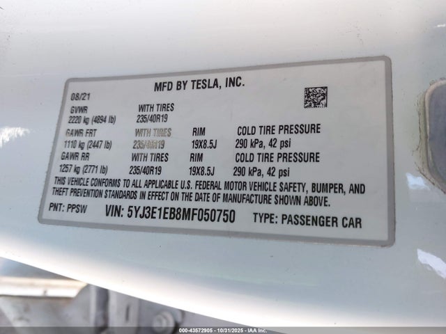 2021 TESLA MODEL 3 5YJ3E1EB8MF050750 Photo 8