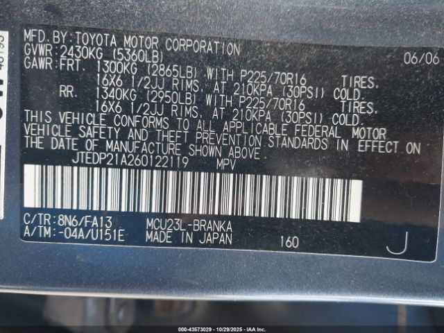 2006 TOYOTA HIGHLANDER JTEDP21A260122119 Photo 8