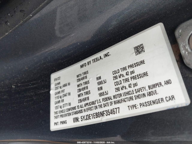 2022 TESLA MODEL 3 5YJ3E1EB8NF354677 Photo 8