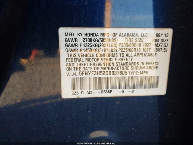 43573559 :رقم المزاد ، 5FNYF3H52DB037805 vin ، 2013 Honda Pilot Ex-l مزاد بيع