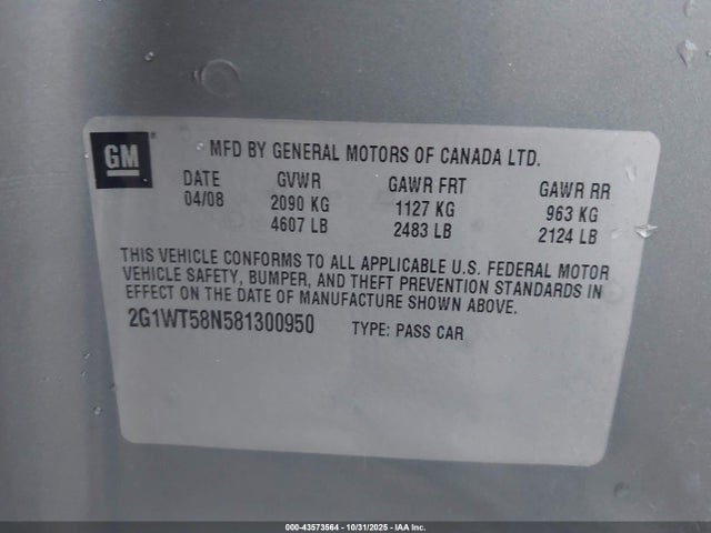 43573564 :رقم المزاد ، 2G1WT58N581300950 vin ، 2008 Chevrolet Impala Lt مزاد بيع