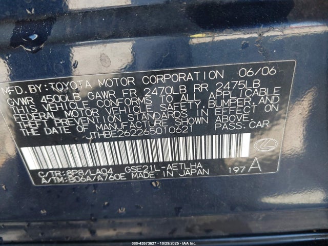 43573627 :رقم المزاد ، JTHBE262265010621 vin ، 2006 Lexus Is 350 مزاد بيع