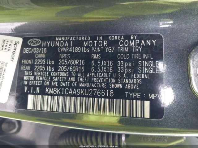 2019 HYUNDAI KONA KM8K1CAA9KU276618 Photo 8