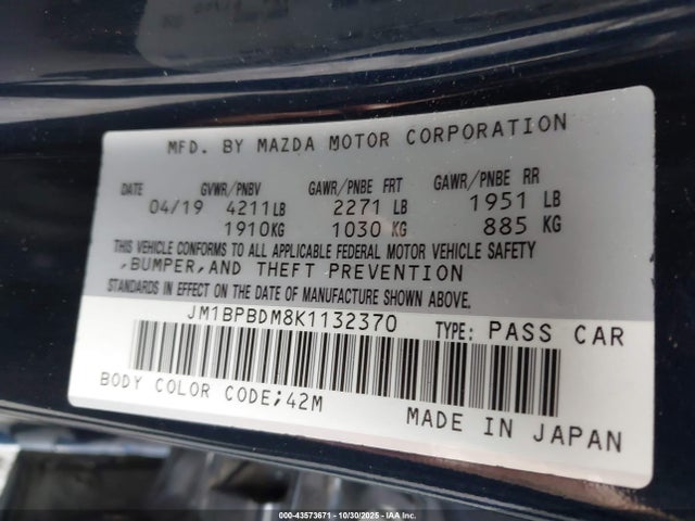 Aukcja sprzedaży 2019 Mazda Mazda3 Preferred Package, vin: JM1BPBDM8K1132370, numer aukcji: 43573671