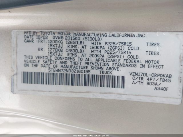 2003 TOYOTA TACOMA 5TEWN72N33Z160195 Photo 8