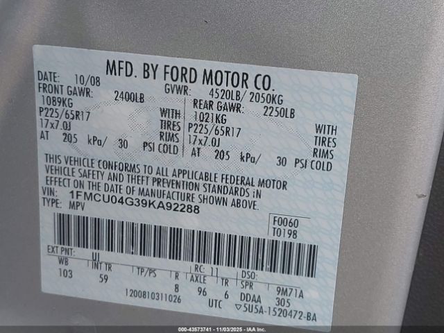 2009 FORD ESCAPE 1FMCU04G39KA92288 Photo 8