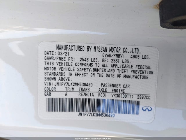 43573764 :رقم المزاد ، JN1FV7LK2MM530490 vin ، 2021 Infiniti Q60 Red Sport 400 مزاد بيع