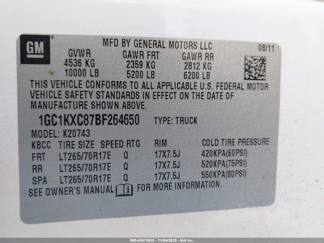 Aukcja sprzedaży 2011 Chevrolet Silverado 2500hd Lt, vin: 1GC1KXC87BF264650, numer aukcji: 43573930